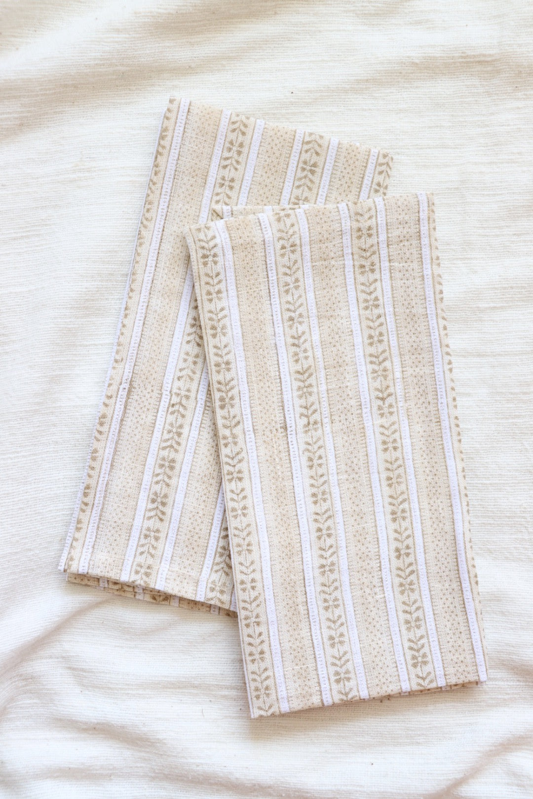 Block Printed Linen Napkin Duo, Floral Stripe Ochre