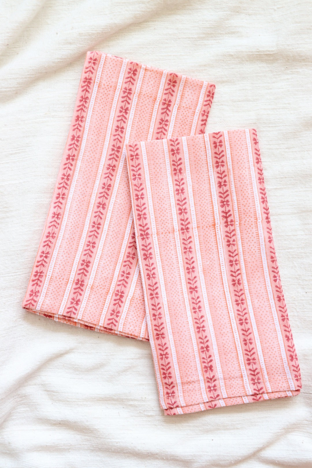 Block Printed Linen Napkin Duo, Floral Stripe Red