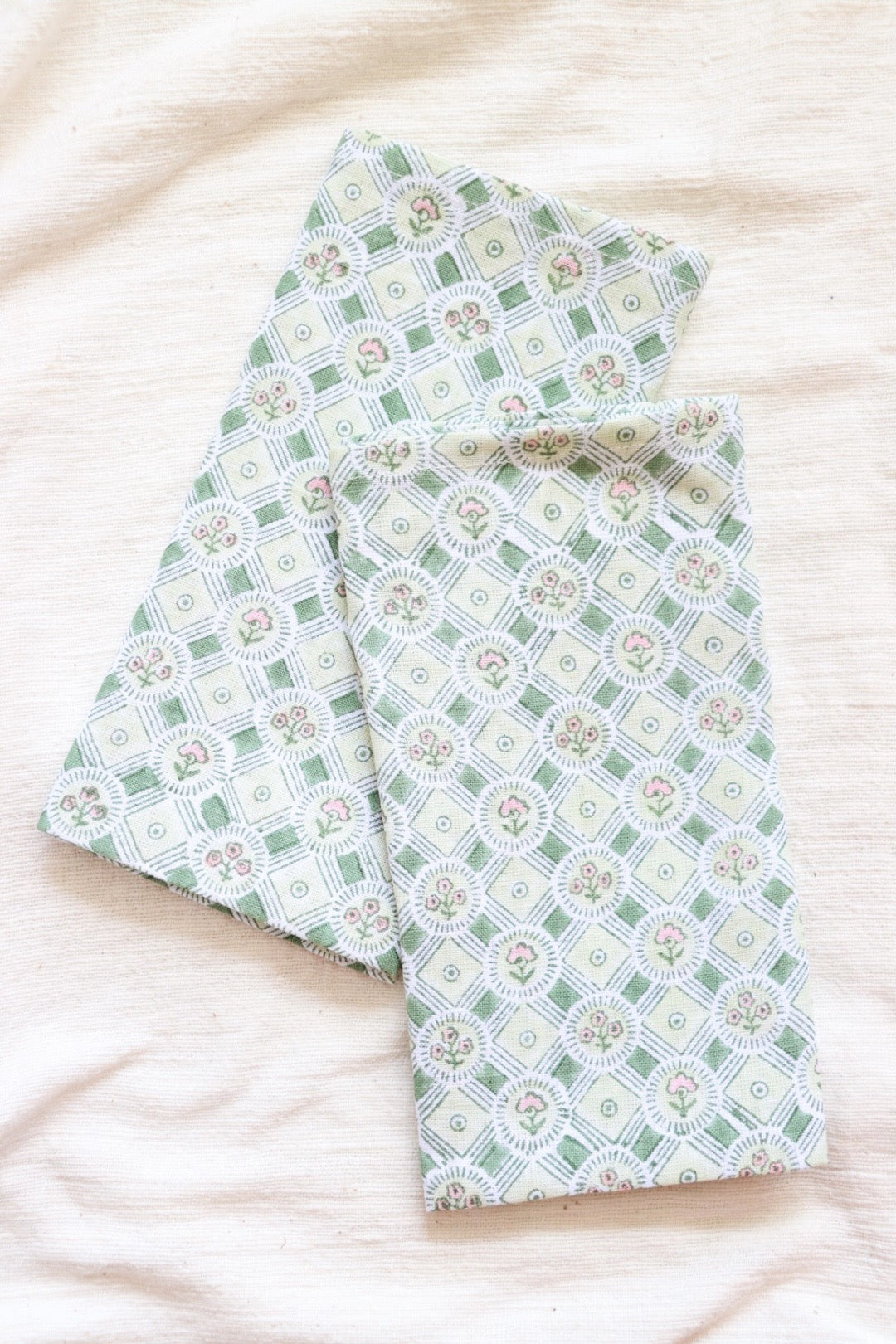 Block Printed Napkin Duo, Spring Bloom Green
